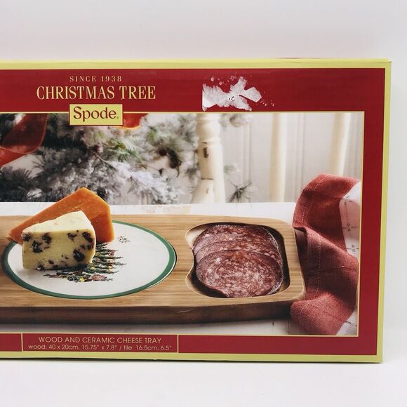 Spode Christmas Tree Bamboo Wood and Ceramic Cheese Tray 15.75 x 7.8 Inches NEW - Picture 4 of 8